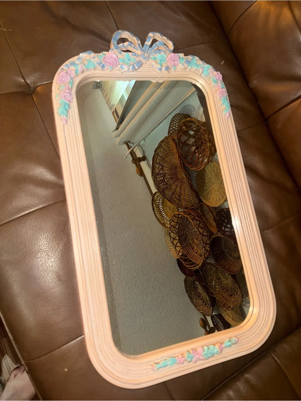 Vintage Pastel Pink Floral Bow Accent Wall Mirror